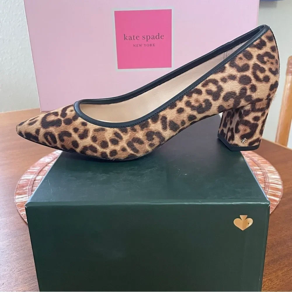 NIB Kate Spade Menorca Calf Hair Pointed Toe Pump Block Heel Brown Black Sz 5.5